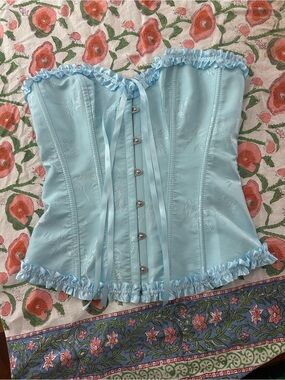 Light Blue Satin Floral Jacquard Lace Up Corset Bustier Top Ruffle Y2K